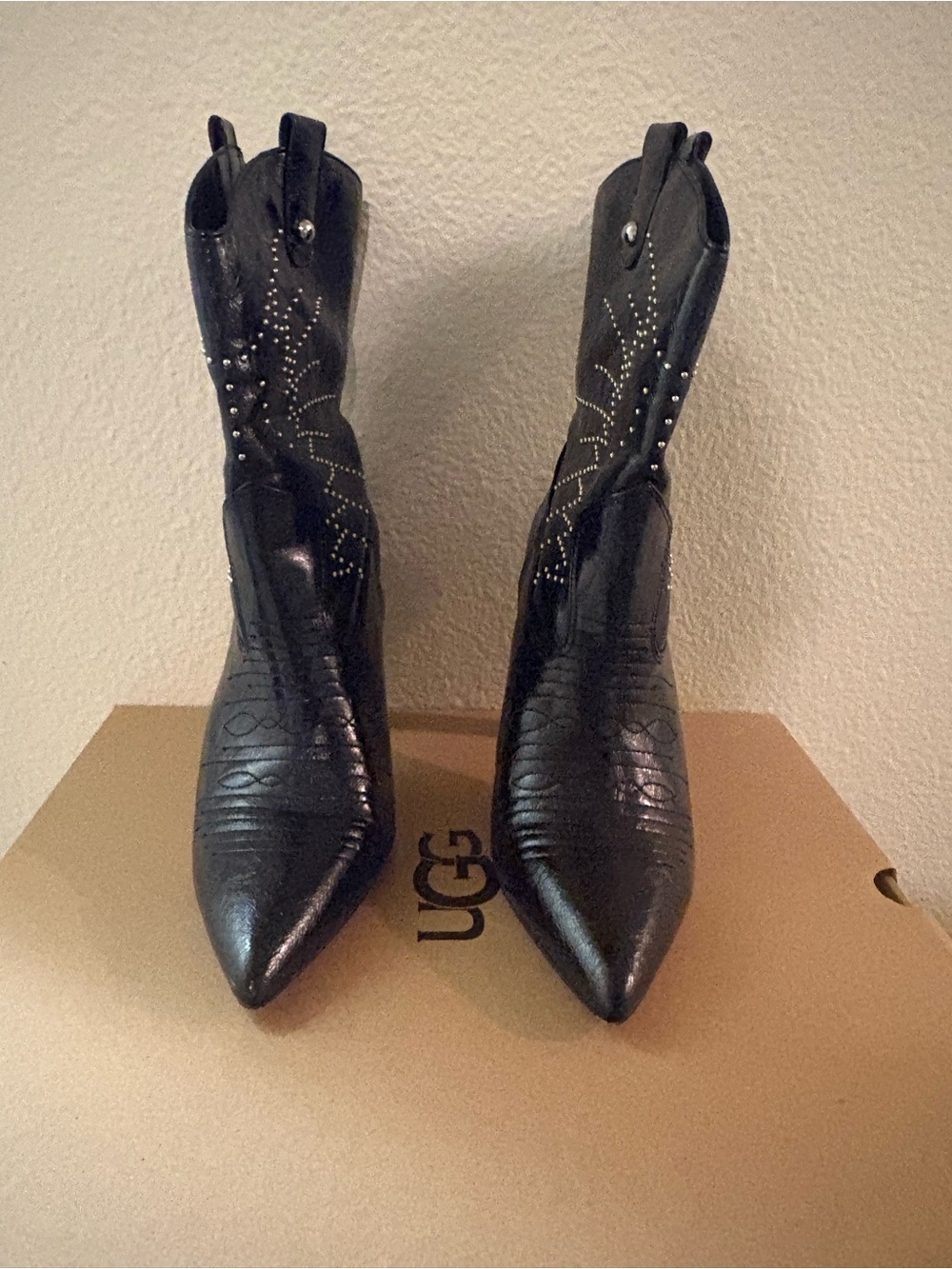 Jessica Simpson Black Pointed-Toe Western Heeled Boots with Stud Detail